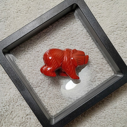 Red Jasper Bear Carving – Strength Totem in Floating Display