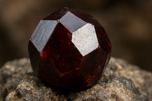 A hyper-realistic photo of a deep red garnet crystal cluster on a rough stone matrix, showing sharp crystal faces, reflective luster, and detailed natural textures.