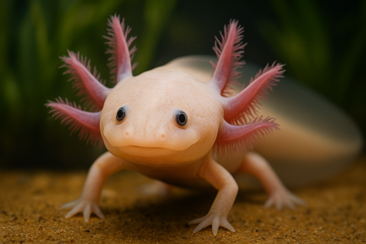 Close-up of a pale albino axolotl with pink gills, resting on a sandy bottom in a calm, aquatic environment.