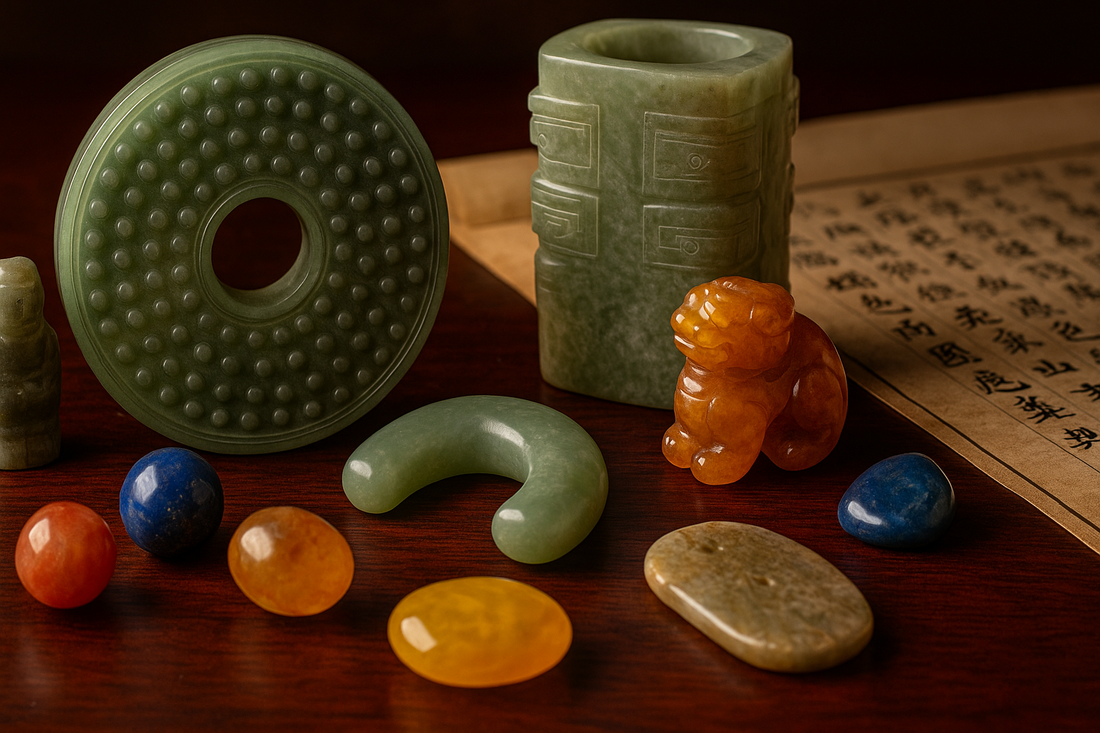 Ancient Chinese jade bi disc, cong tube, and carved gemstones with scroll background.