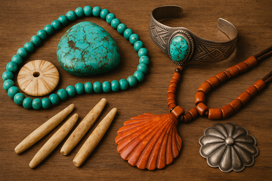 Native American jewelry materials with turquoise, spiny oyster shell, silver cuff, and beads on wood surface.