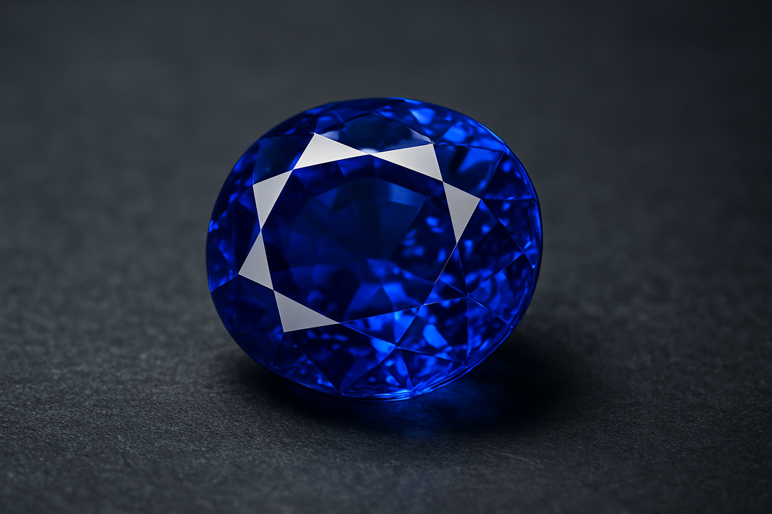 A hyper realistic close-up of a single faceted blue sapphire gemstone on a dark reflective surface.