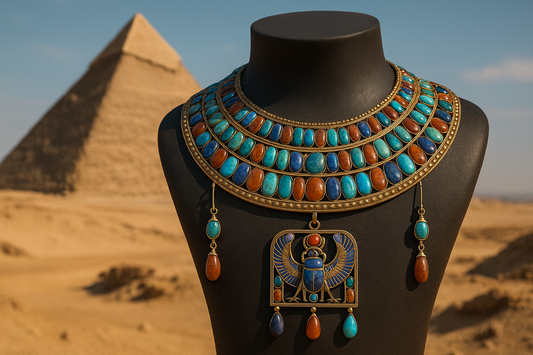Ancient Egyptian gemstone necklace with pyramid backdrop.