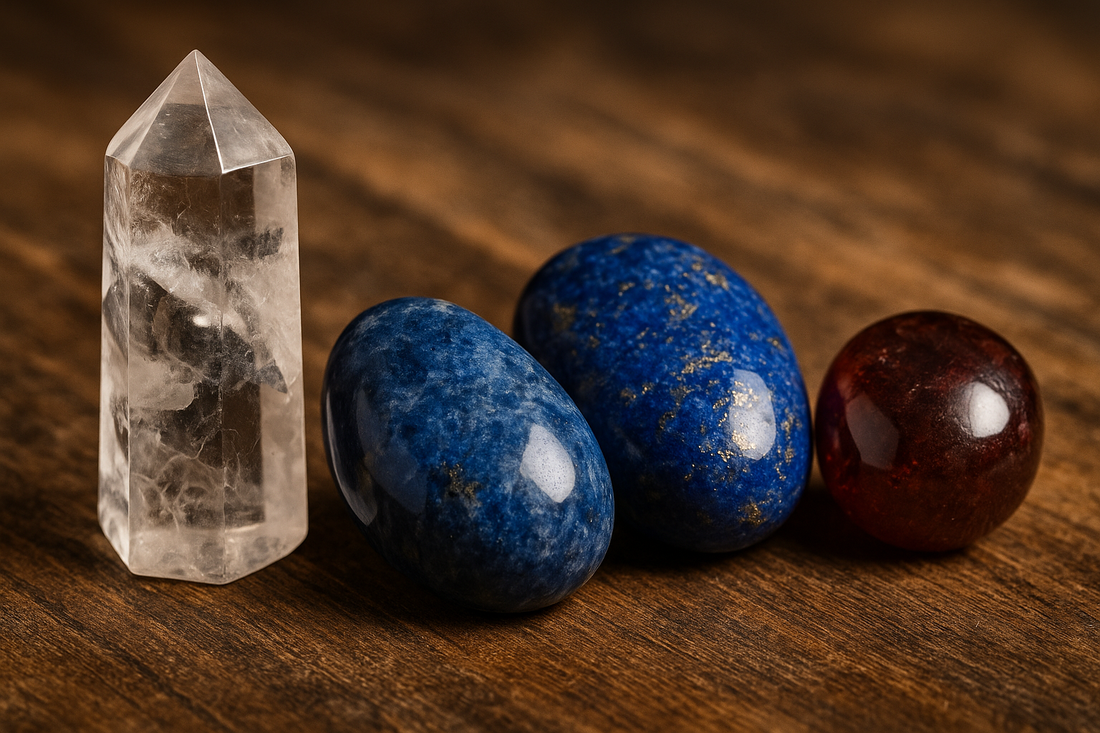 Polished ghost quartz, dumortierite, lapis lazuli, and garnet on wood surface.