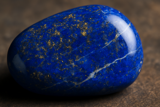 Polished lapis lazuli gemstone with deep blue color and golden pyrite flecks.
