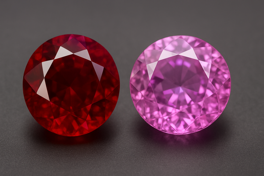 Close-up of a deep red ruby and a vibrant pink sapphire, both round-cut gemstones displayed side by side on a dark background.