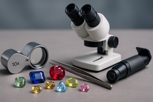 Gemological tools with colorful gemstones, loupe, microscope, tweezers, and refractometer on a gray surface.