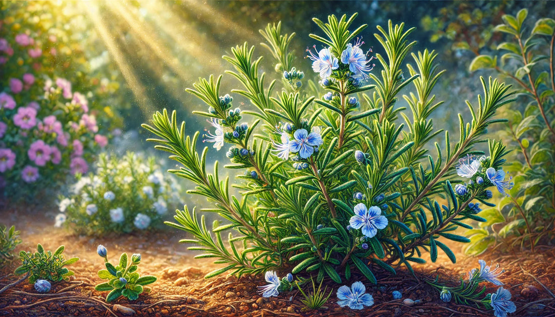 A vibrant rosemary plant with green needle-like leaves and pale blue flowers in a sunlit garden with an earthy background.