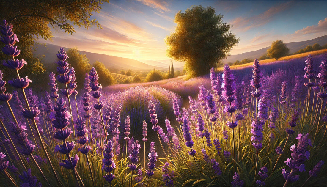 A lavender field in full bloom with tall, vibrant purple flowers swaying gently under warm, golden sunlight, backed by rolling hills and a clear blue sky.