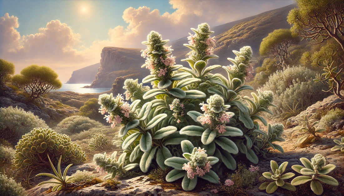 Here is a depiction of Dittany of Crete, showcasing its soft gray-green leaves and pale pink flowers in a sunlit Mediterranean setting with rocky terrain and a distant sea.