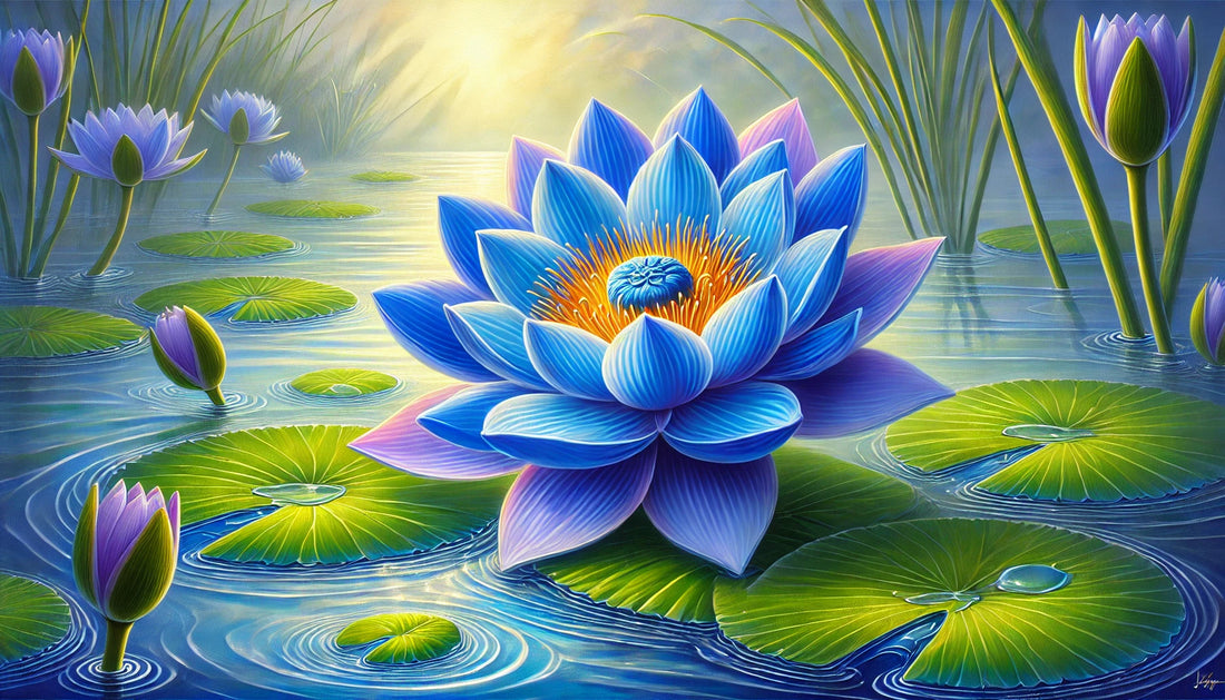 Here is a depiction of the blue lily, also known as the Egyptian blue lotus, floating gracefully on a serene pond surrounded by green lily pads and reflecting sunlight.