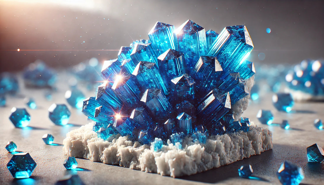 Benitoite crystal cluster with vibrant blue triangular gems resting on white natrolite, glowing in bright light against a neutral, blurred background.