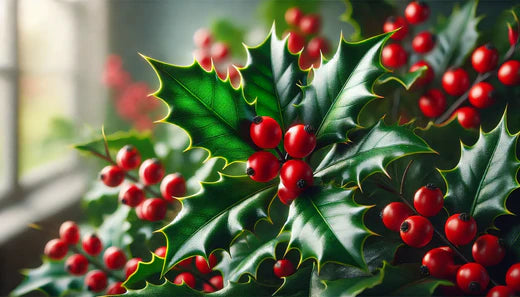 Close-up of glossy green holly leaves with sharp edges and bright red berries against a blurred background.