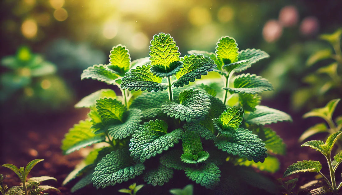Vibrant green lemon balm leaves with textured surfaces and serrated edges, illuminated by soft natural light.