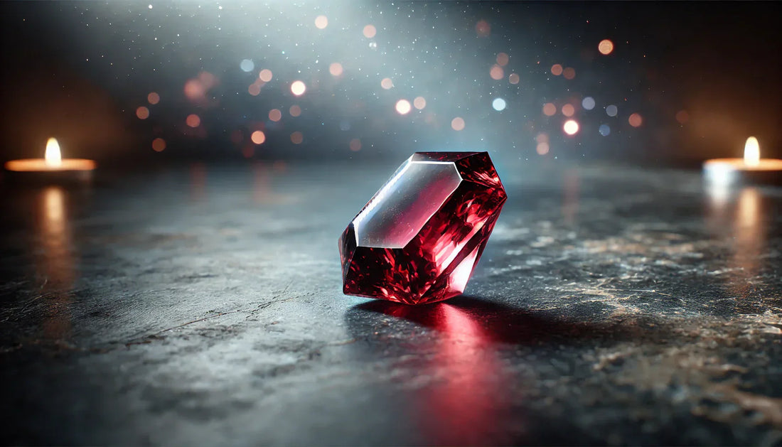 A deep red garnet crystal resting on a polished stone surface with a soft, blurred mystical glow in the background.