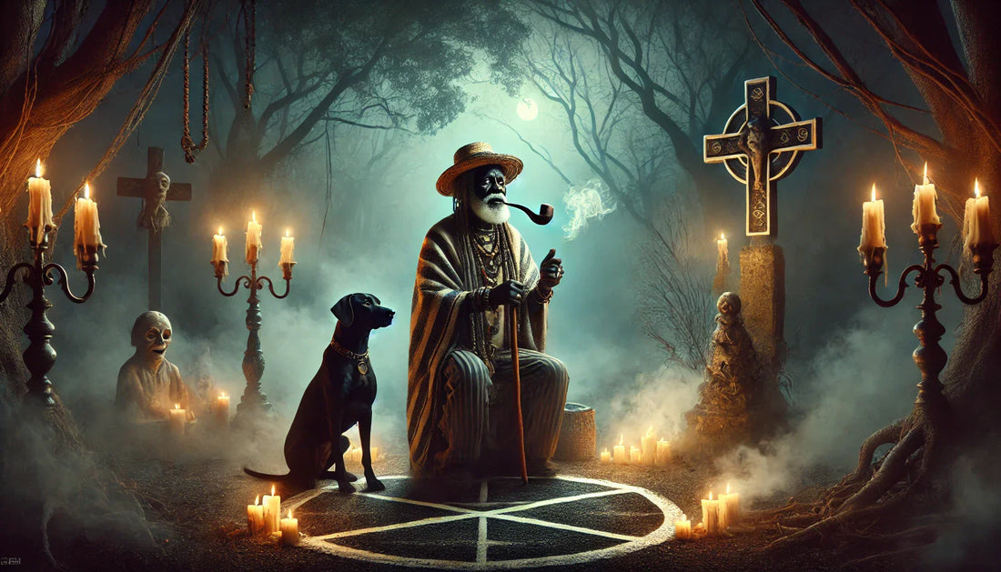"Papa Legba at a foggy crossroads at dusk, with a straw hat, cane, pipe, and a black dog beside him, surrounded by flickering candles and a shadowy forest.